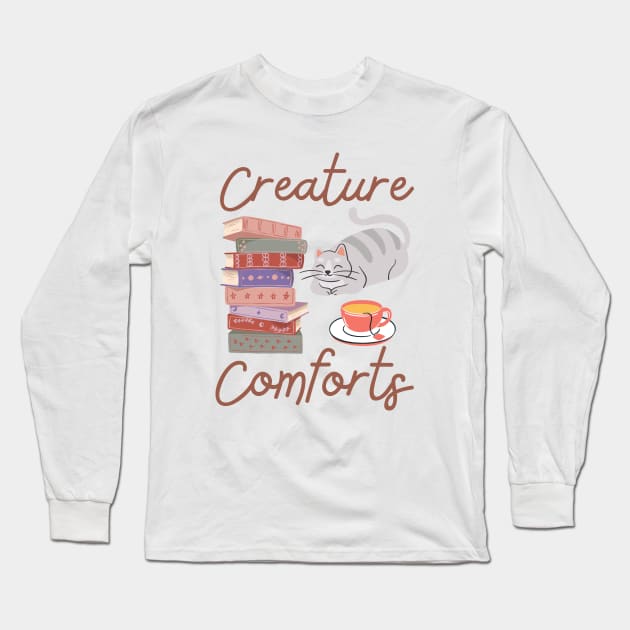 Cute Creature Comforts Cat Tea Book Lover Long Sleeve T-Shirt by ThievingNargles